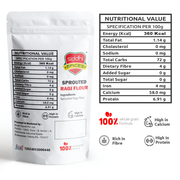 Organic Sprouted Ragi Flour. 100% Natural & Gluten-Free - 500gm